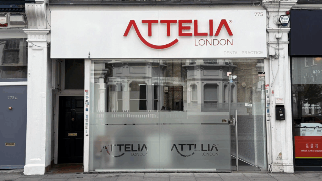 Attelia london dental practice storefront in central london with modern signage and glass facade.