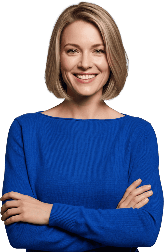 Beautiful young woman smiling in blue sweater, confident and professional.