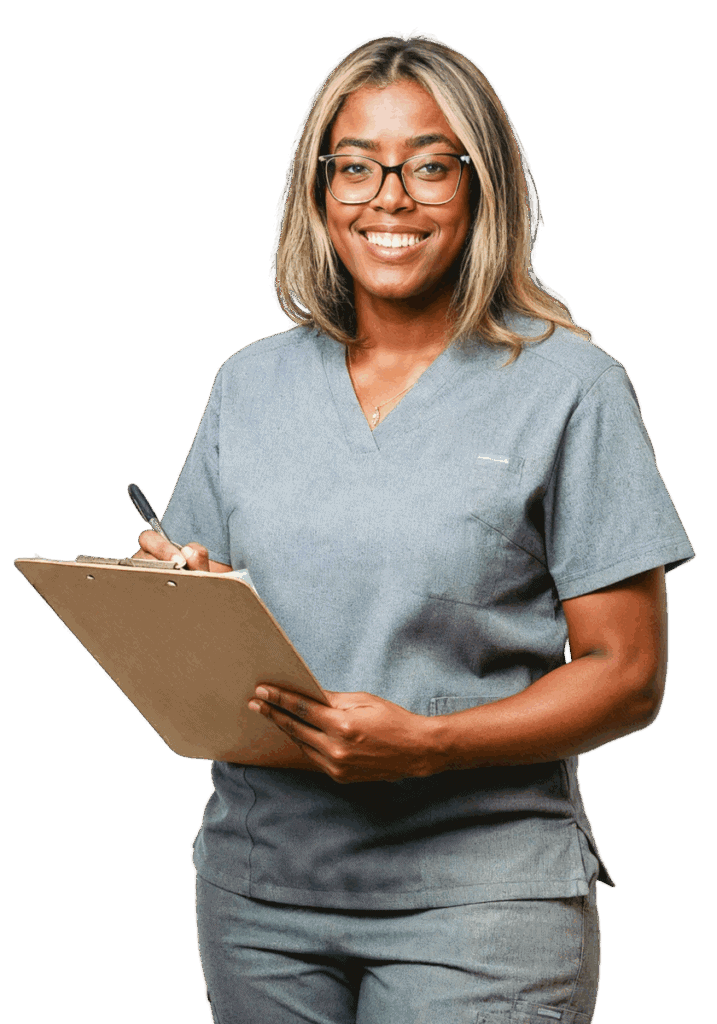 Friendly healthcare professional holding a clipboard in medical scrubs at Attelia London.
